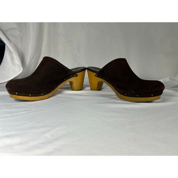 American Eagle Outfitters Suede Brown Leather Mule Clogs Sz 9 Wood Heel Bohemian - Picture 6 of 9